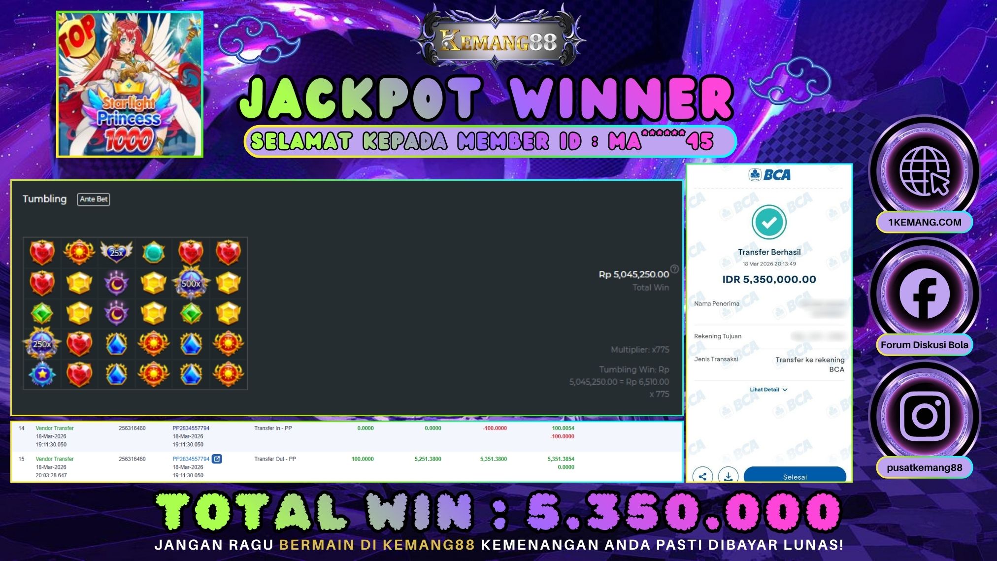 KEMANG88 [18 Maret 2026] : JACKPOT SLOT : STARLIGHT PRINCESS 1000 [PP] Rp. 5.350.000.,- LUNAS